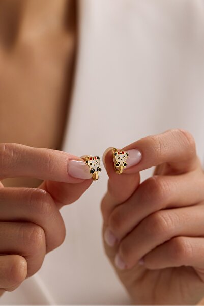 Nereze 925 Ayar Gümüş Gold Kaplama Minik Panda Model Çocuk Küpe