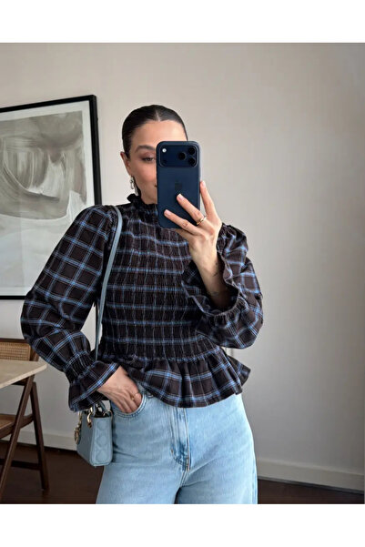 FEMMESTUDIO Women's Brown Blue Plaid Pattern Balloon Sleeve Blouse