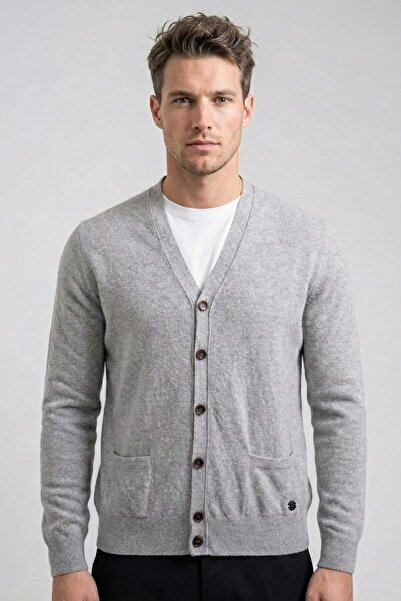 Sabri Özel Gri Regular Fit Yünlü V Yaka Düğmeli Triko Hırka