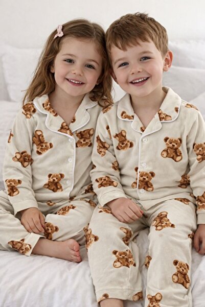 byalisdmr BEJ RENK AYICIK DESENLİ PAMUKLU SÜET KUMAŞ BEBE YAKA UZUN KOL UNİSE...