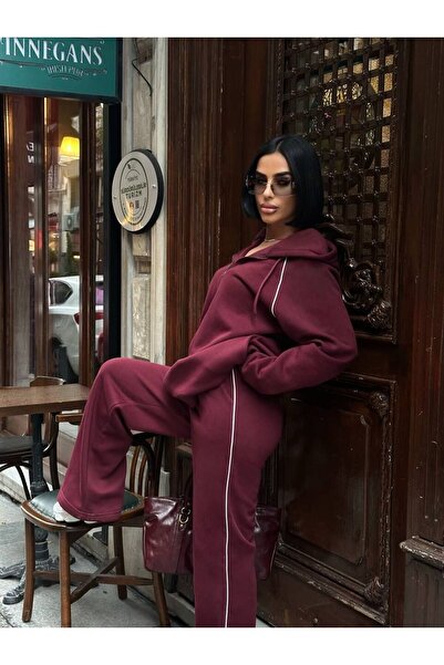 glozmen Kadın Kapüşonlu Fermuarlı Oversize 3 İplik İkili Takım – Bol Paça Eşo...