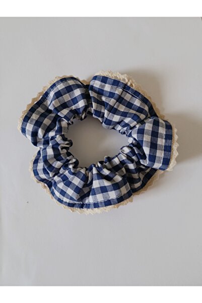 chibi Blue and White Checkered Fishtail Detailed Sporty Style Scrunchie Rubbe...