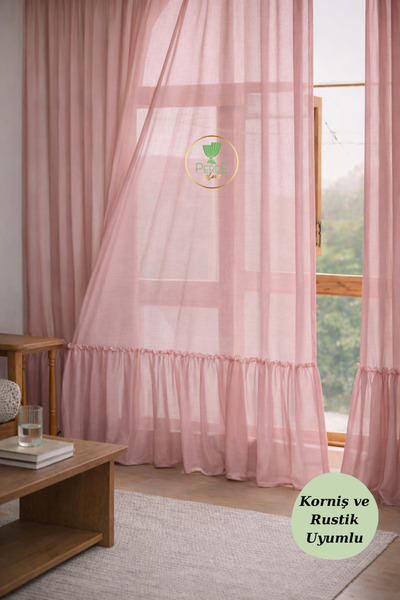 Perdeplus Linen Pink Tulle Curtain Skirt Ruffled Design