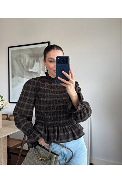 FEMMESTUDIO Women's Brown Khaki Plaid Pattern Balloon Sleeve Blouse