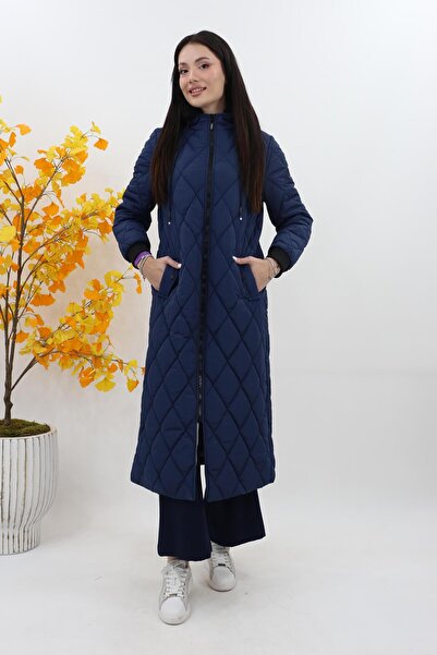 Doque Baklava Desen Astarlı Kaban - İndigo