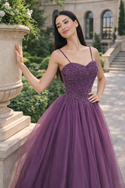Sibelse Gelinlik Mor Taş İşlemeli Askılı Prenses Kesim Abiye Elbise