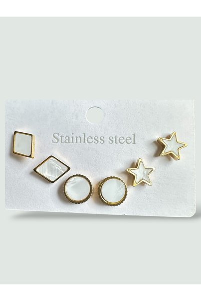 AlminaMia Stainless Steel Detailed Earring Set Gold Color Minimal Design