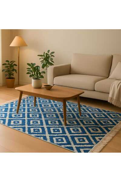 OEM Traditional Carpet, size 80 x 125 cm, blue and cream, geometric pattern