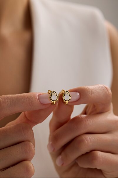 Nereze 925 Ayar Gümüş Gold Kaplama Minik Penguen Model Çocuk Küpe