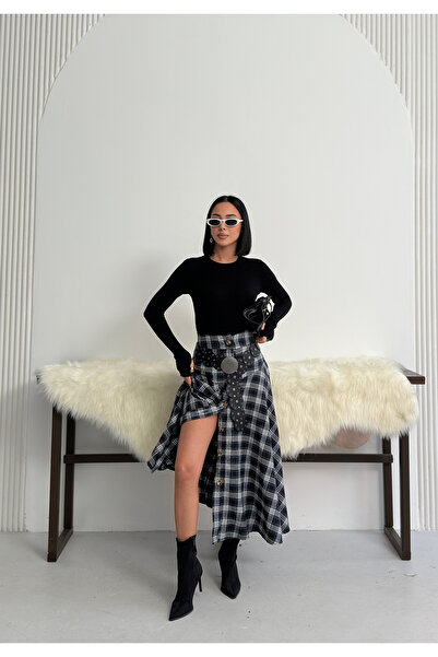 Rabi Shine Women's Buttoned Long Plaid Patterned Skirt