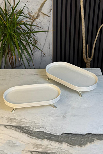 MAY HOME 2'Li Porselen Oval Sunumluk Tabak & Yemek Meze Salata Servisliği Gümüş