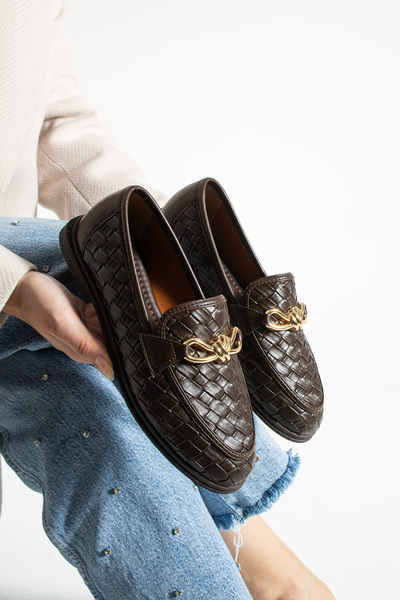 Lebibe Shoes Maby Women's Bitter Brown Knitted Textured Chain Detailed Loafer...