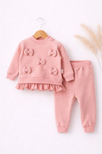 Pure Boutique Trening fetite 2 piese roz, bumbac, model cu fundite si volan