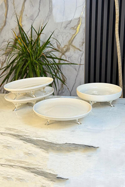 MAY HOME 4 Parça Porselen Sunum Seti &Metal Ayaklı Kase Kayık Tabak Servis Se...