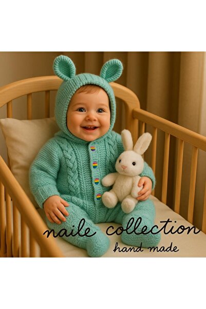 NAİLE COLLECTİON El Örgüsü-Kapişonlu- Boncuk mavi Bebek Tulum (Boy 56 cm.) 6-...