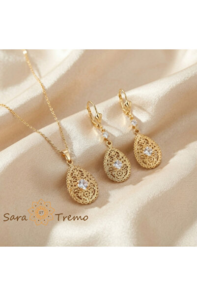SaraTremo Σετ Δαντέλα Φωτός – Κολιέ 45 εκ. + Σκουλαρίκια Επιχρυσωμένα 18Κ, Φι...