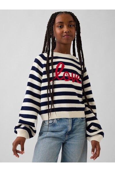 GAP Kız Çocuk Lacivert Relaxed Grafik Baskılı Crewneck Kazak