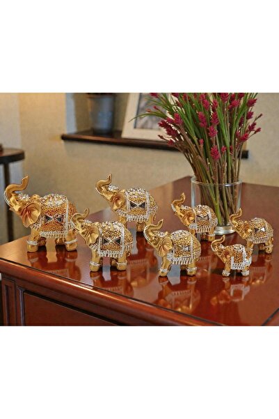 ELSELİFE Lüks İşlemeli Feng Shui 7’li Bereket Fil Biblo Seti Dekoratif Ev Ofi...