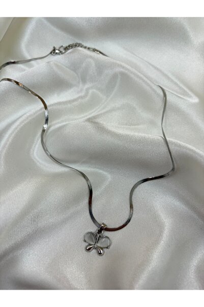 Eylülün Takısı Women's Silver Color Butterfly Figured Snake Chain Steel Necklace