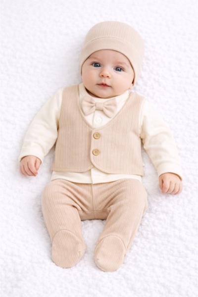 Pure Boutique Costumas bebelusi tip costum 3 piese bej, bumbac reiat, stil cl...