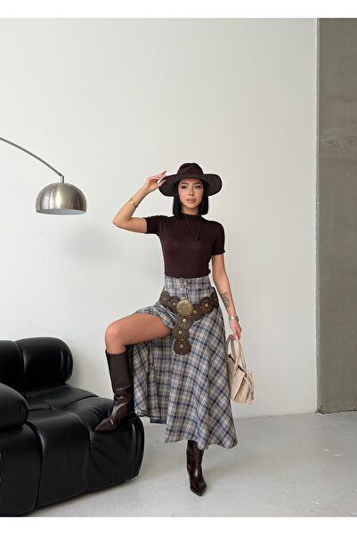 Rabi Shine Women's Buttoned Long Plaid Patterned Skirt