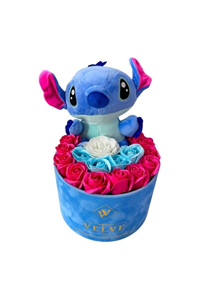 velve Aranjament cadou cu flori de sapun si jucarie de plus Stitch albastru, ...