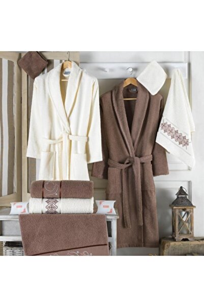 LUİSA Gift Set 8 Pieces: Bathrobes + 100% Cotton Towels, Cream & Light Brown -
