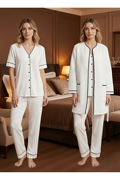 Lohussa Ecru Quilted Short Sleeve Buttoned Custom Design Dressing Gown Pajama...