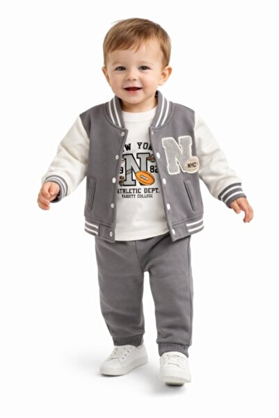 Pure Boutique Children's 3-piece gray tracksuit, cotton, varsity style, casua...