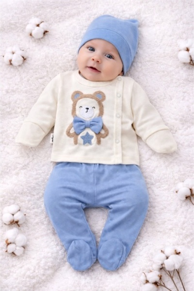 Pure Boutique Costumas bebelusi 3 piese crem-albastru, bumbac premium, model ...