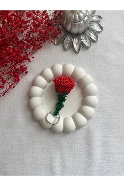 Handmade KUM BONCUK EL İŞİ ORTA BOY MAT KIRMIZI GÜL ANAHTARLIK