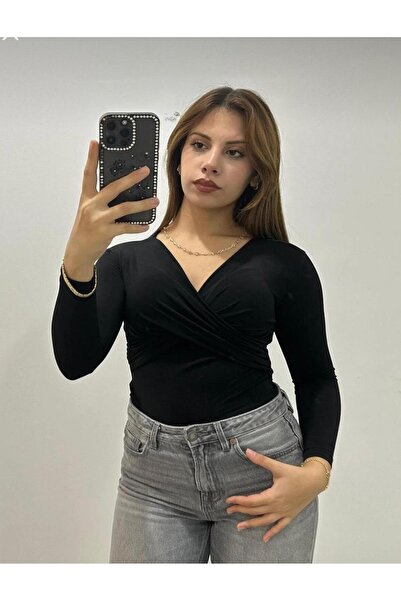 peri tower New Product Women's Front Cross Detail V-Neck Sandy Fabric Long Sl...