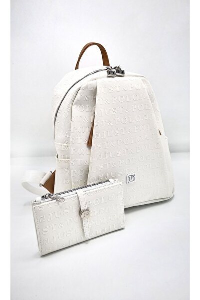 Just Polo JP Women's White 9-Compartment Embossed Printed Backpack and Wallet...