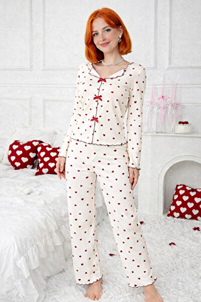 Burcumay Women's Bow Detailed Heart Long Sleeve Sweetheart Gift Pajama Set