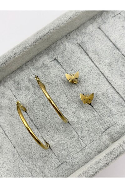 aurora dükkan أقراط دائرية مزدوجة من الفولاذ الذهبي على شكل فراشة