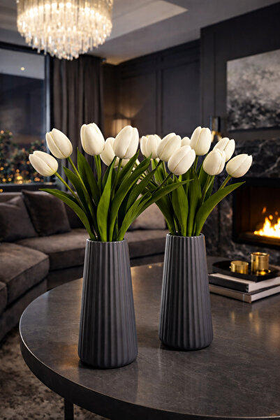 MorVilla 2’li Modern Minimalist Çizgili Vazo | Şık Beyaz Dekoratif Salon ve M...