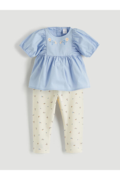 LC Waikiki بلوزة وسروال ضيق للفتيات الصغيرات من LCW باللون الأزرق المزهر