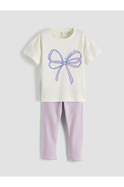 LC Waikiki LCW Kids Ecru guler rotund cu imprimeu Tricou și jambiere pentru fete