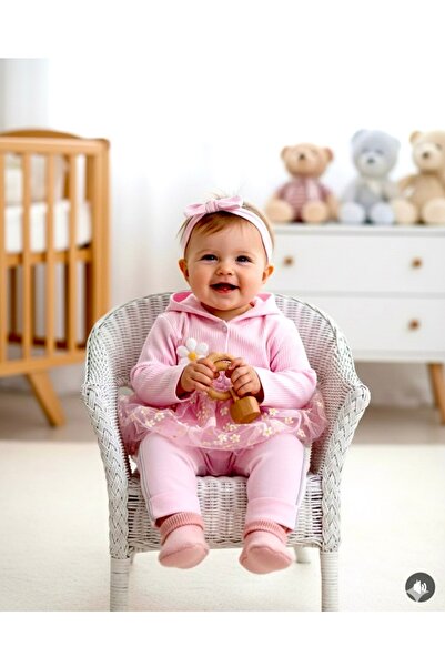 BEREN Kız Bebek Papatya Detaylı 3’lü Takım - Kapüşonlu Hırka, Body ve Pantolon