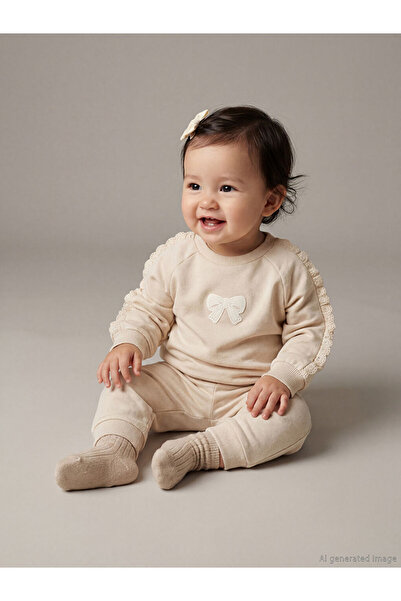 LC Waikiki Lcw Baby Beige Lace Detailed Baby Girl Sweatshirt and Sweatpants