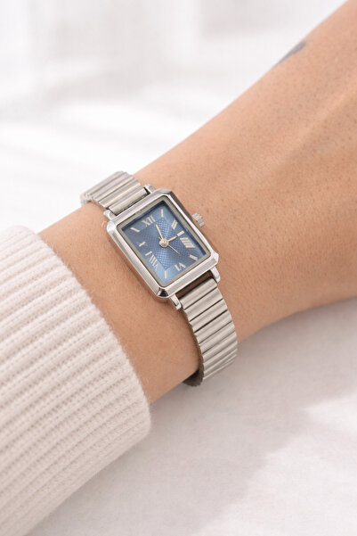QUARTZ Dikdörtgen Kasa Metal Kordon Kadın Kol Saati – Mavi Kadran