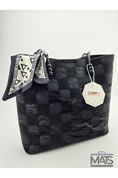 DSN Black Square Patterned Hand and Shoulder Bag with Scarf Accessory