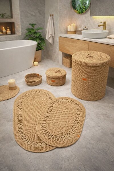 Öz-Tex Home Jüt Hasır Banyo seti ,40 x 45 çamaşır sepeti ,Banyo paspası,makya...