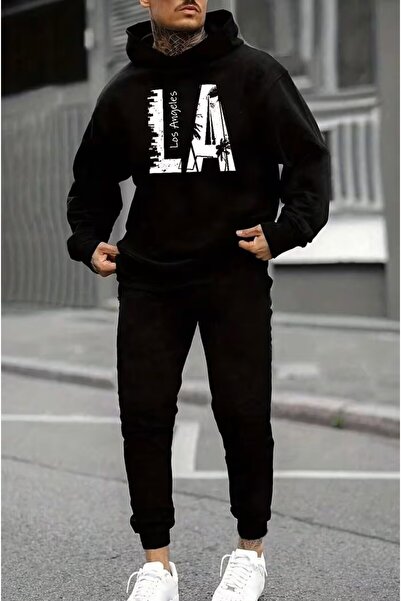 LELVANİ Hooded Tracksuit Set with the Text'Los Angeles' Printed on It