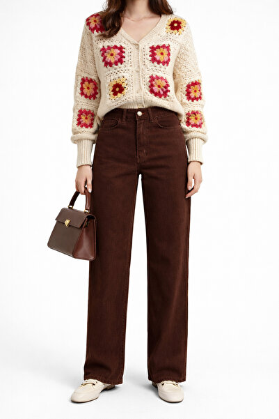 DELDNM Isabelle Women's High Waist Bitter Brown Wide Leg Palazzo Trend Jean