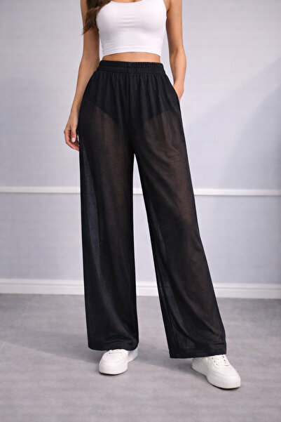 ince moda giyim Beli Lastikli Transparan Kumaş Siyah Palazzo Pantolon