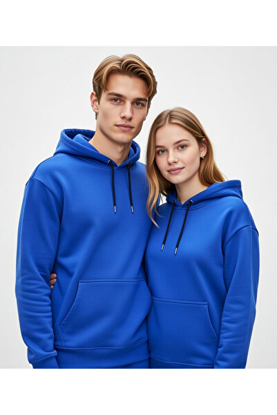 Saks mavi kapüşonlu hoodie sweatshirt