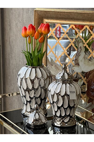 YASAR CONCEPT Aurum Ceramic Cube Vase Set with Lid 32 cm and 38 cm