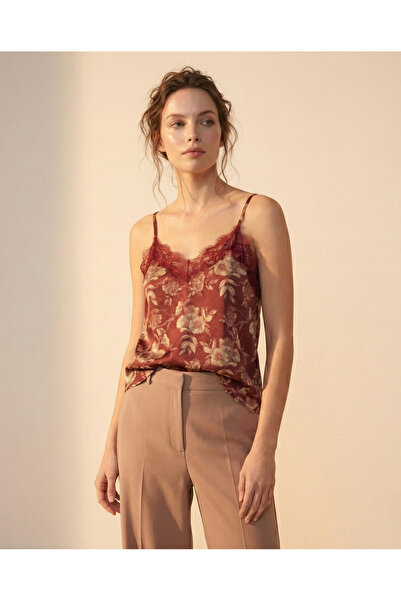 peralist Women's Burgundy Printed Lace Detailed Adjustment Ring Strap Crepe F...