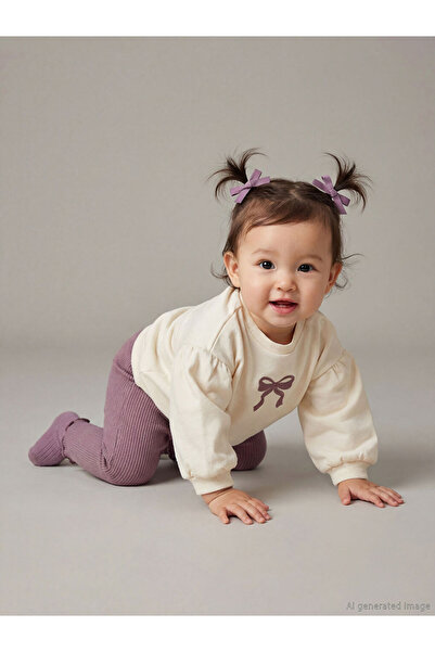 LC Waikiki LCW baby Ekru Bisiklet Yaka Kız Bebek Sweatshirt Ve Tayt